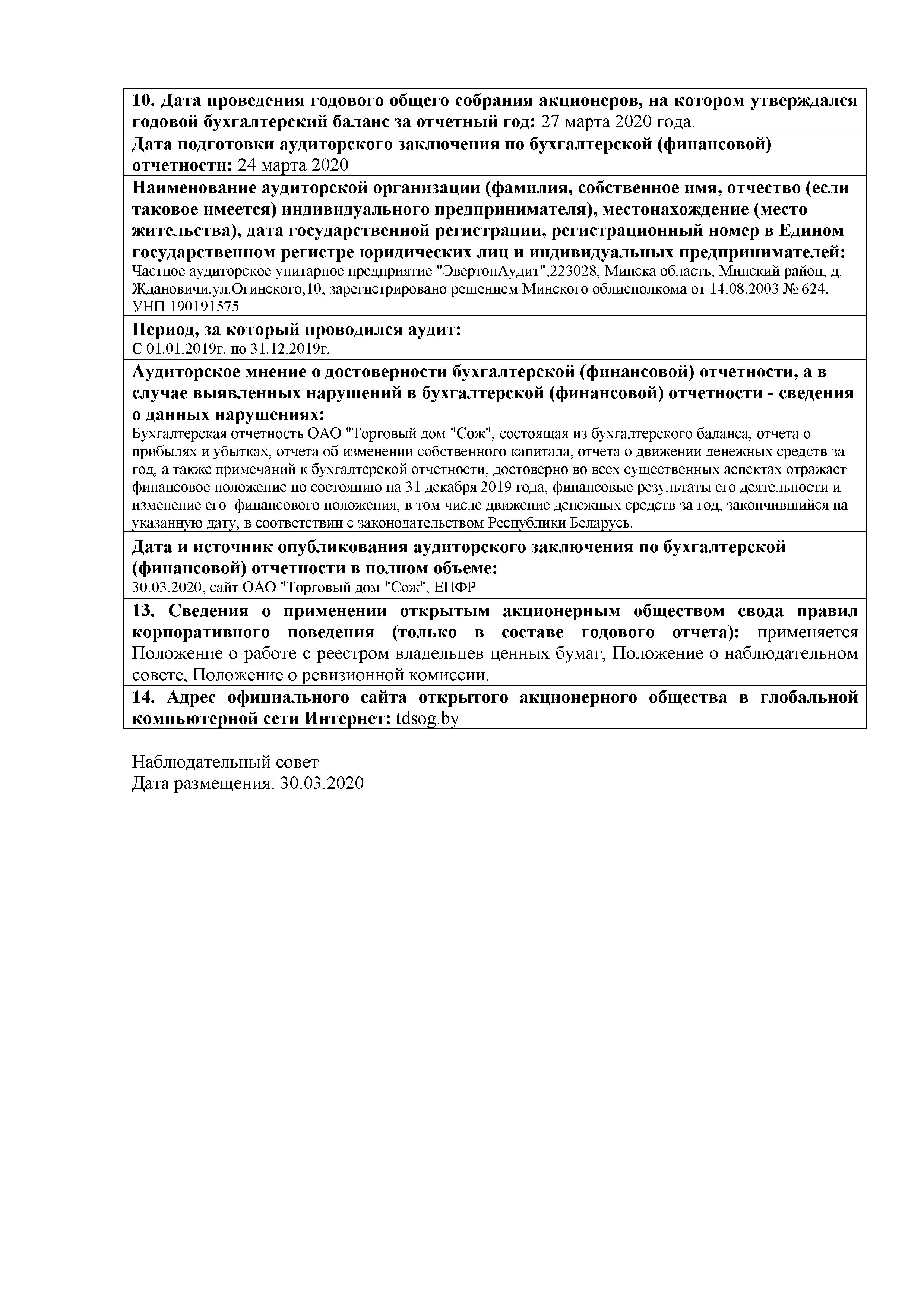 ОАО Торговый дом Сож - Годовой отчет эмитента