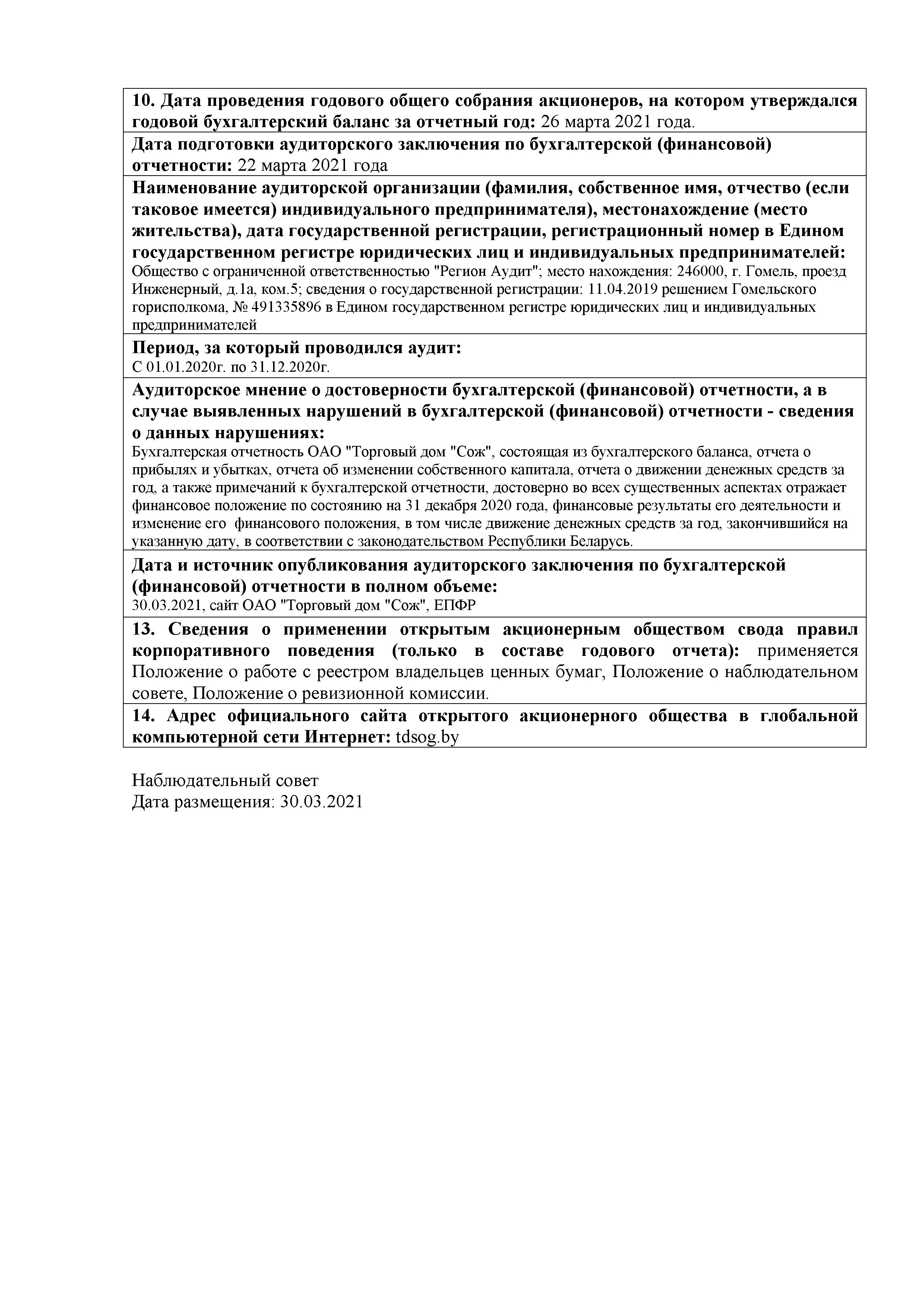 ОАО Торговый дом Сож - Годовой отчет эмитента
