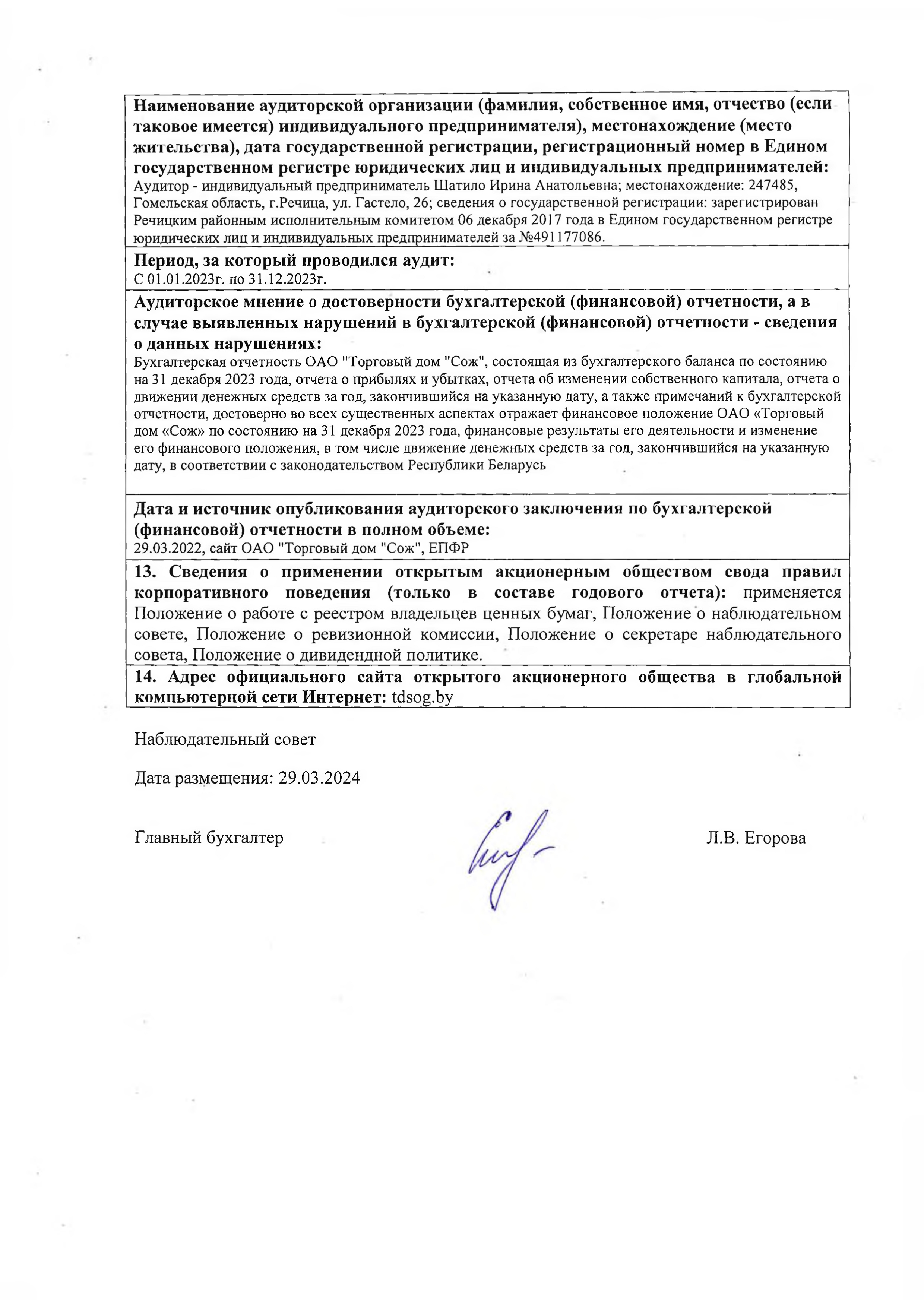 ОАО Торговый дом Сож - Раскрытие годового отчета за 2023 год