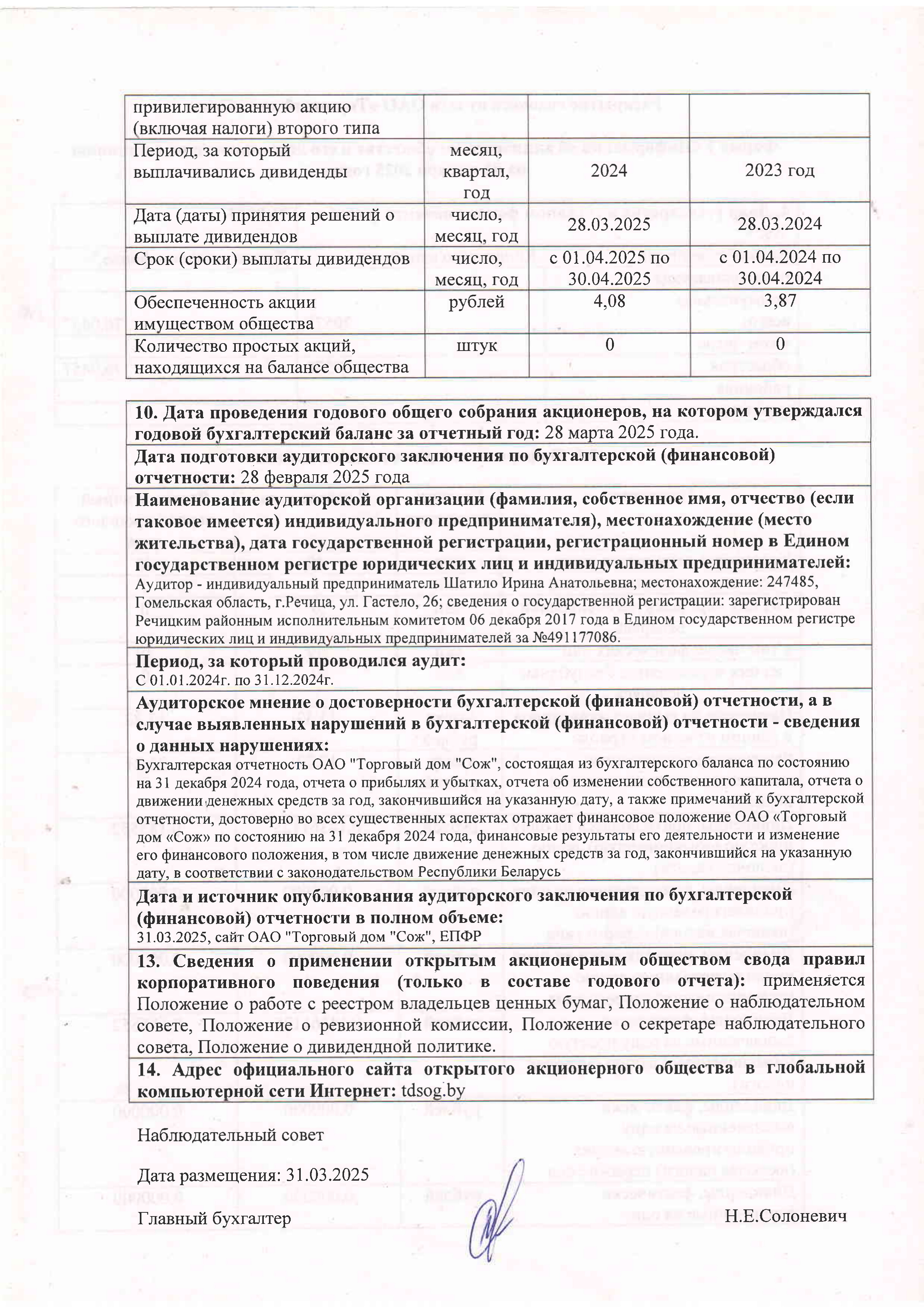 ОАО Торговый дом Сож - Раскрытие годового отчета за 2024 год